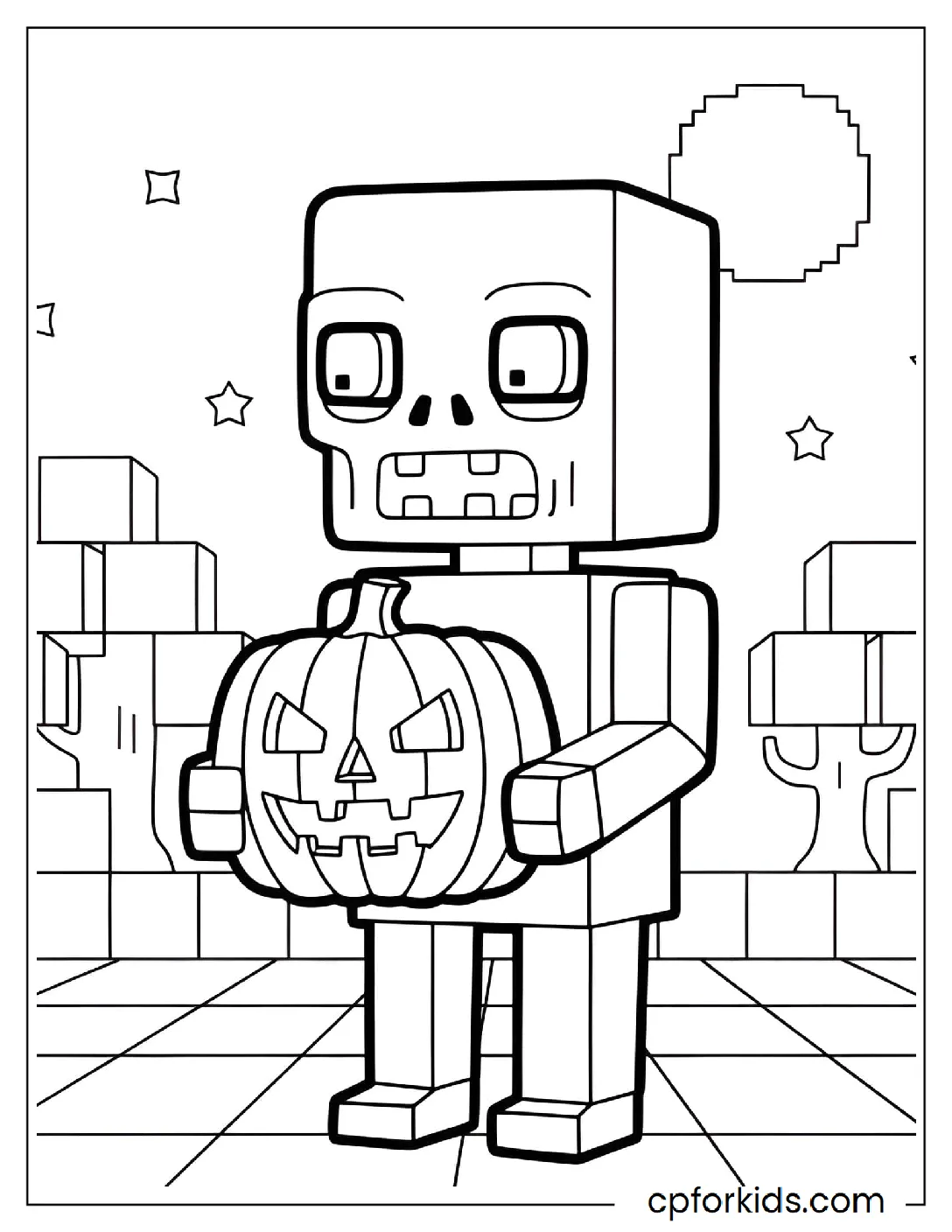 Pixelated square zombie with a pumpkin