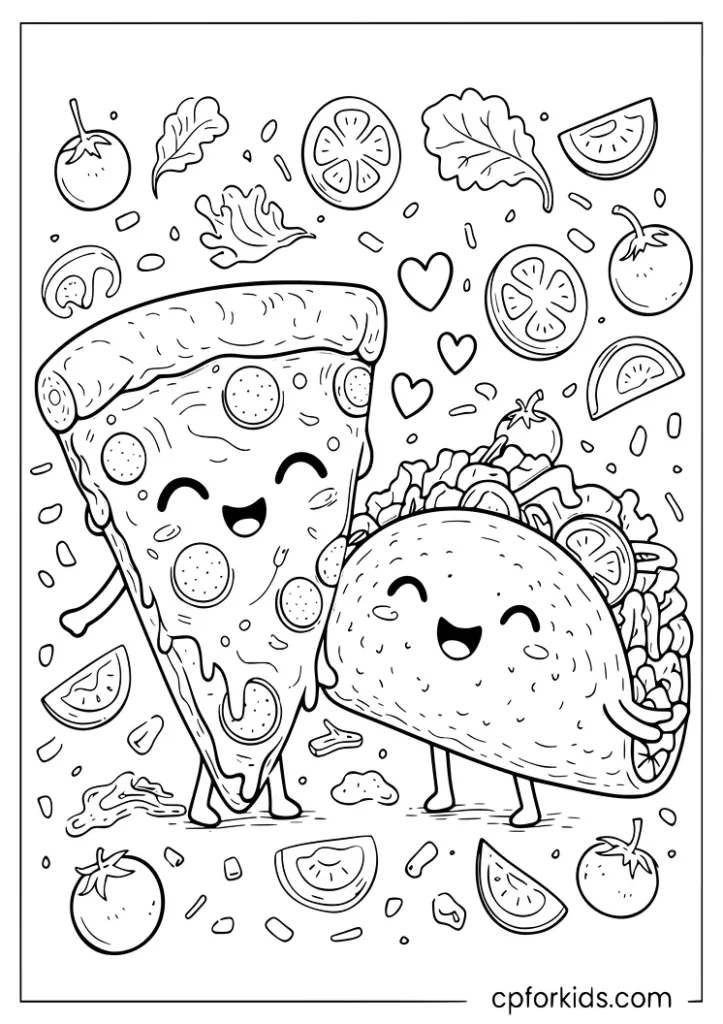 Pizza slice and taco standing together as best friends coloring page for kids