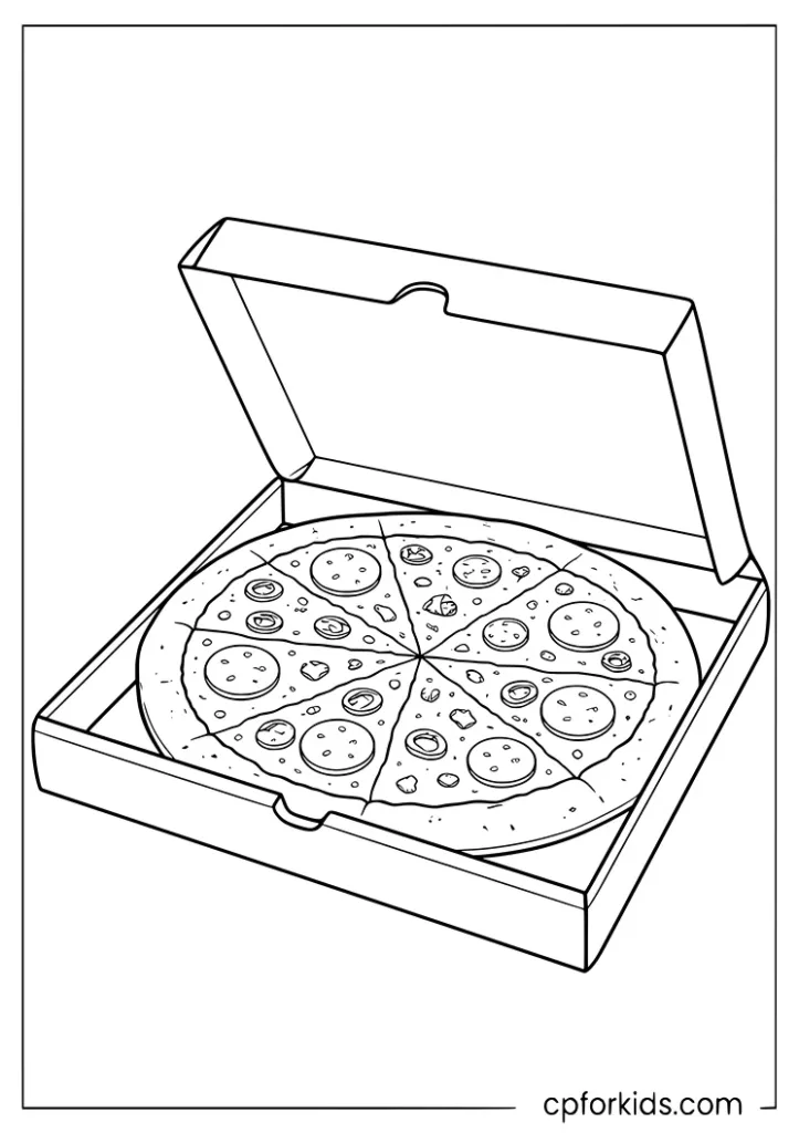 Pizza box fast food coloring page with a whole pizza inside