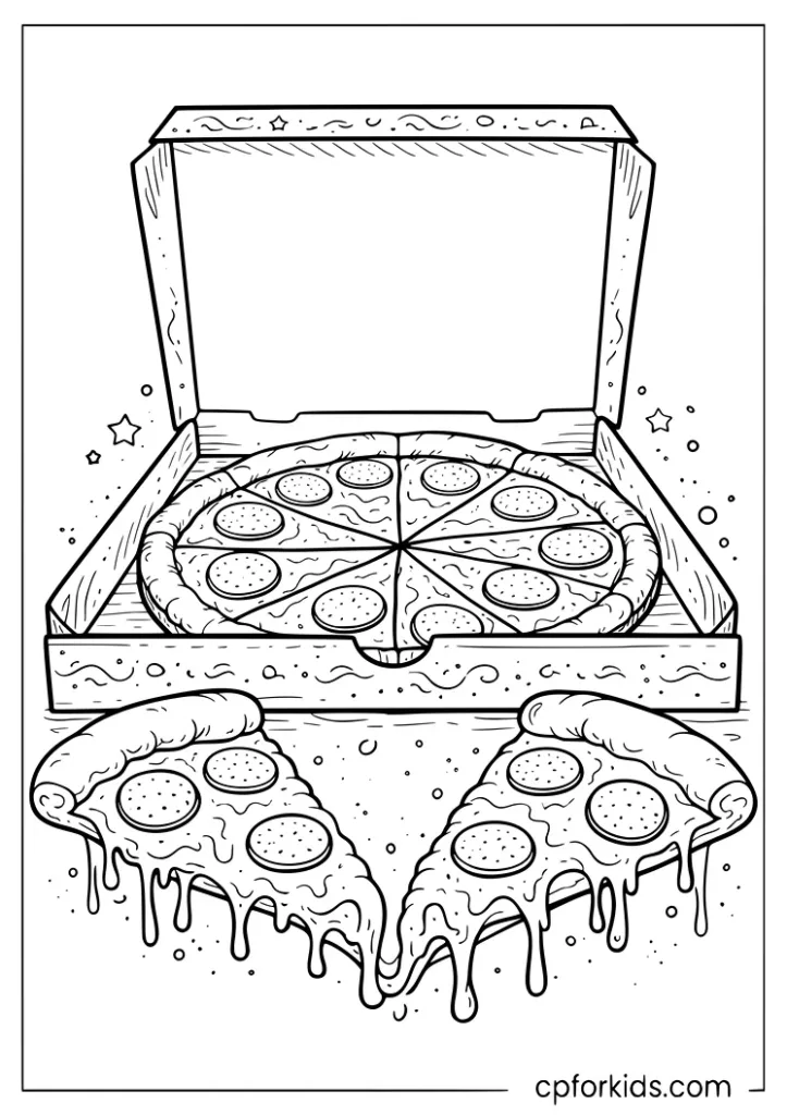 Open pizza box with whole pizza and two pulled slices coloring page