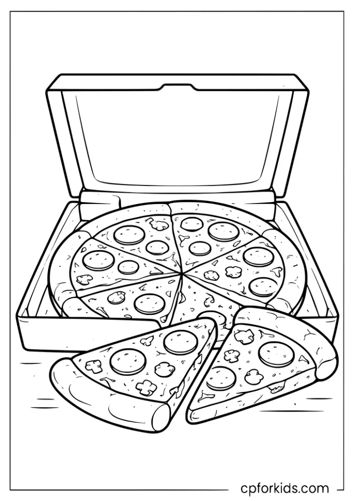 Pizza box and slices coloring page with a takeout fast food scene