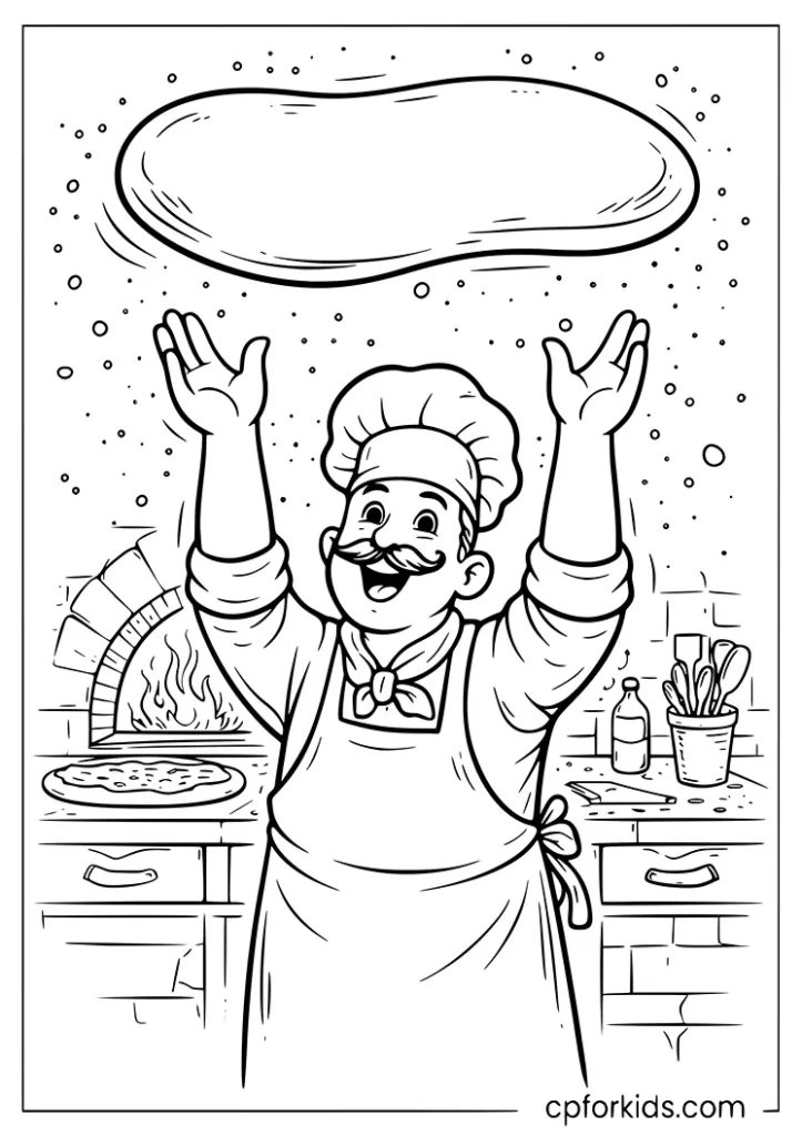 Pizza chef tossing dough high in the air coloring page for kids