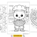 Pizza coloring pages showing a step-by-step pizza making sheet, a kawaii pizza chef holding a fresh pizza, and a heart shaped pizza with melting cheese