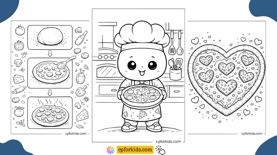 Pizza coloring pages showing a step-by-step pizza making sheet, a kawaii pizza chef holding a fresh pizza, and a heart shaped pizza with melting cheese