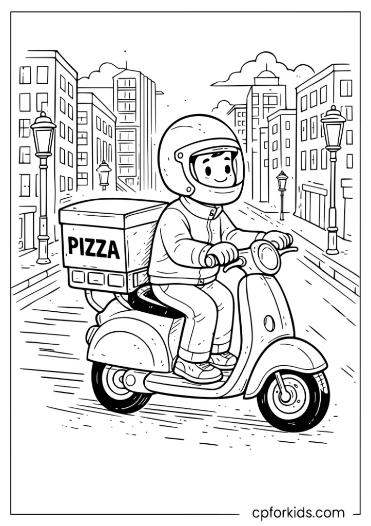 Pizza delivery person riding a scooter with pizza box on a city street coloring page