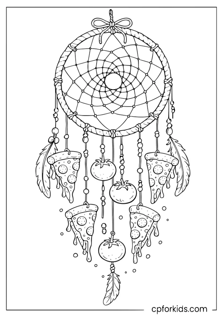 Pizza dreamcatcher with hanging pizza slices and tomatoes coloring page