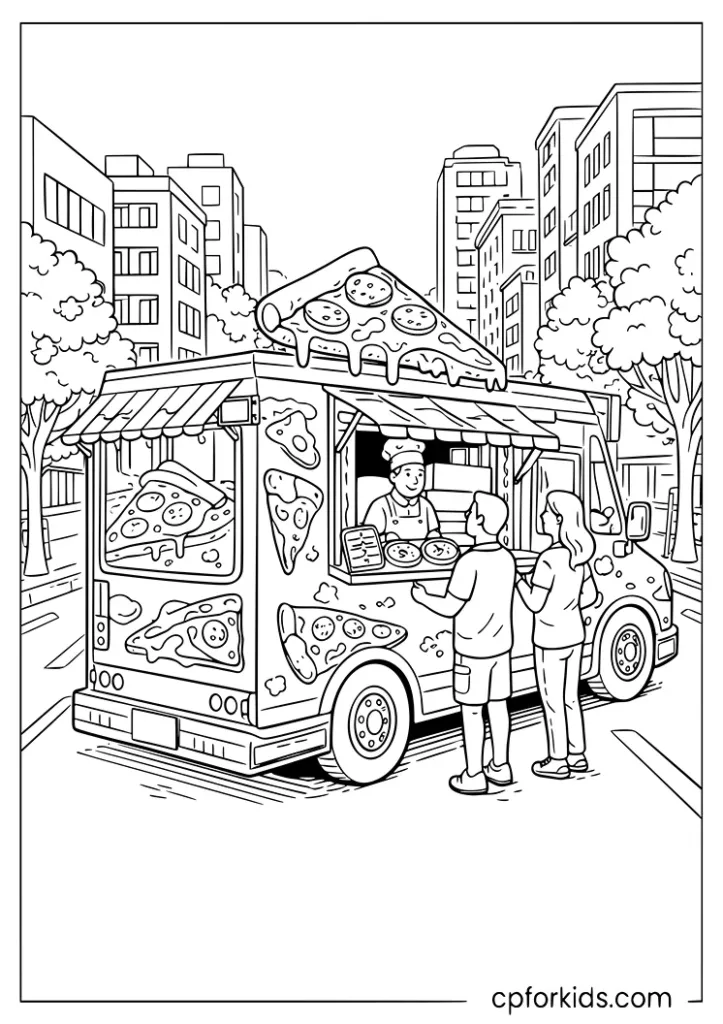Cute pizza food truck parked on a street with customers ordering coloring page