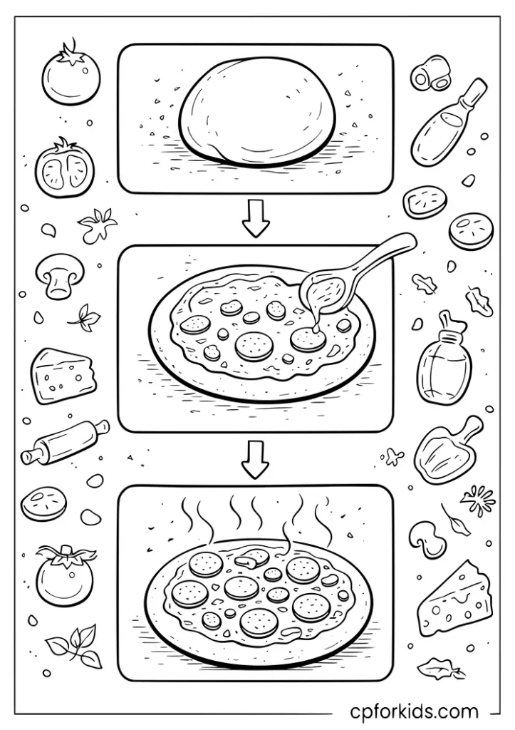 Step by step pizza making scene from dough to finished pizza coloring page for kids