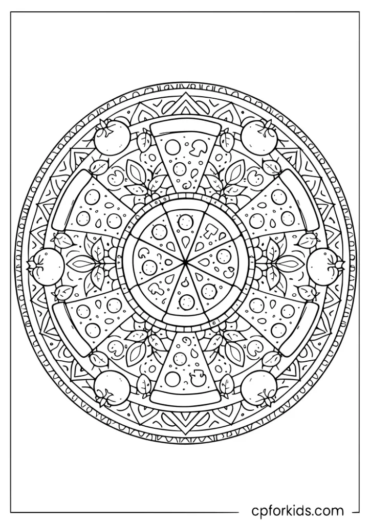 Intricate pizza mandala coloring page with pizza slices and toppings in symmetrical rings