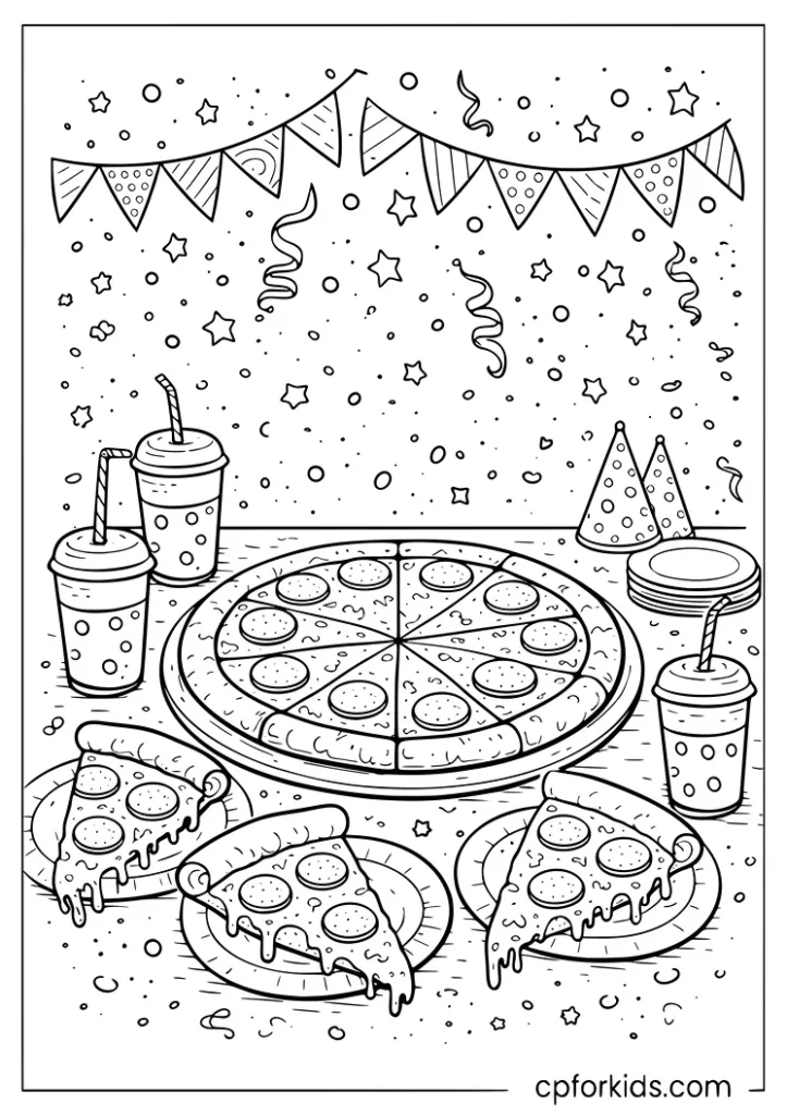 Pizza party table with whole pizza slices drinks and decorations coloring page for kids