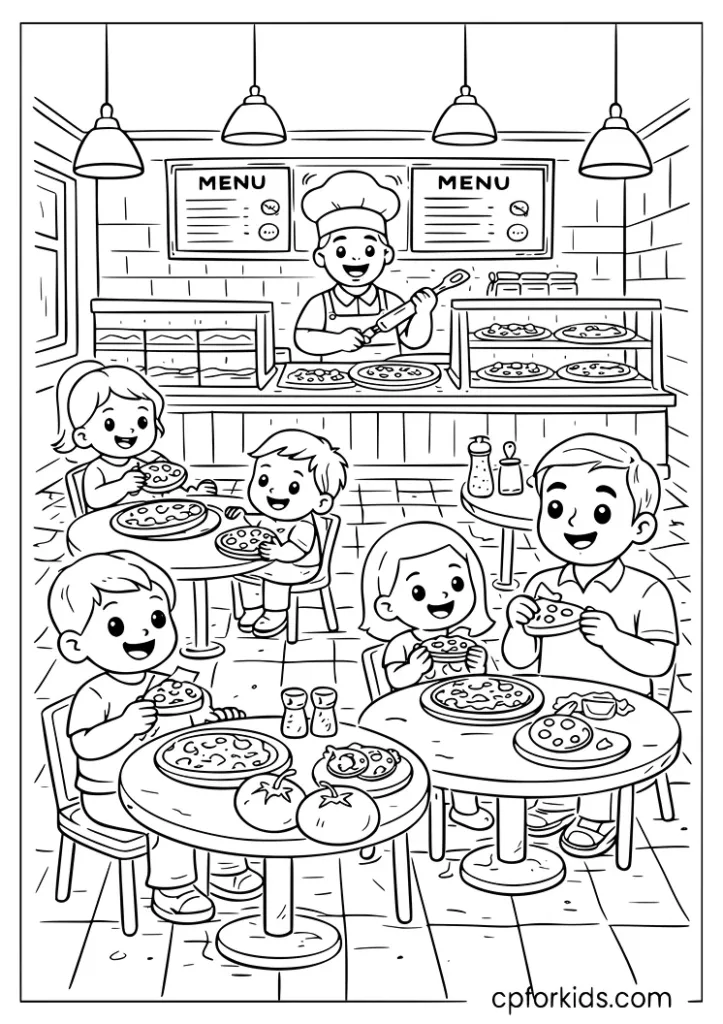Cozy pizza restaurant interior with tables customers and pizza counter coloring page