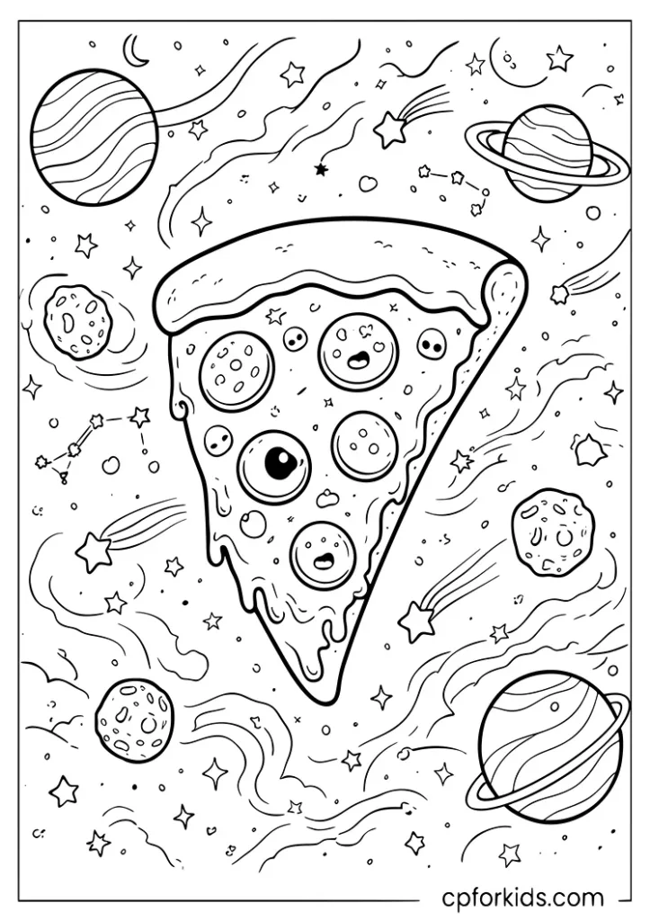 Pizza slice floating in outer space with planets and stars coloring page for kids