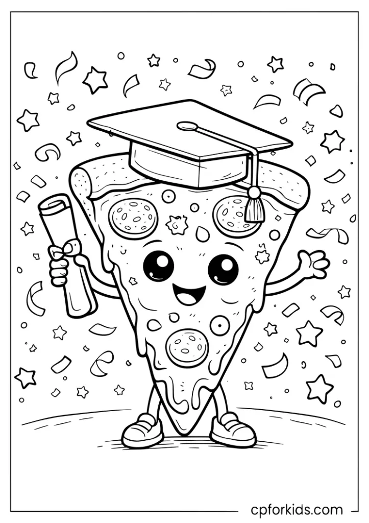 Pizza slice wearing graduation cap and holding diploma with confetti coloring page for kids