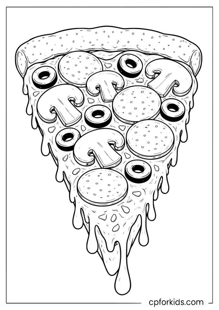 Pizza slice loaded with mushrooms olives and salami coloring page