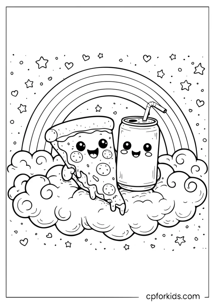 Cute pizza slice sitting on a cloud next to a soda can coloring sheet for kids