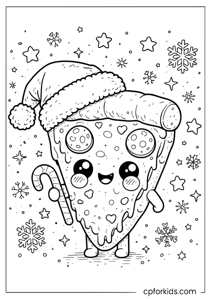 Cute kawaii pizza slice wearing a santa hat and holding candy cane coloring page for kids