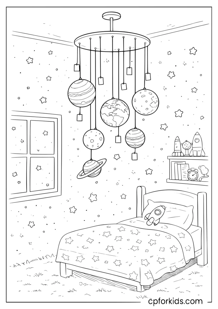 Solar system mobile coloring page with planets hanging from strings in a cozy child bedroom scene