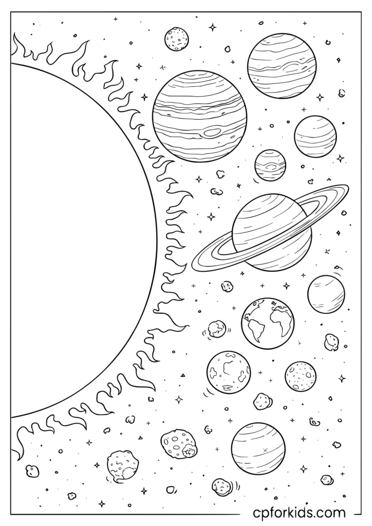 Solar system size comparison coloring page showing the sun and all planets at dramatic relative sizes