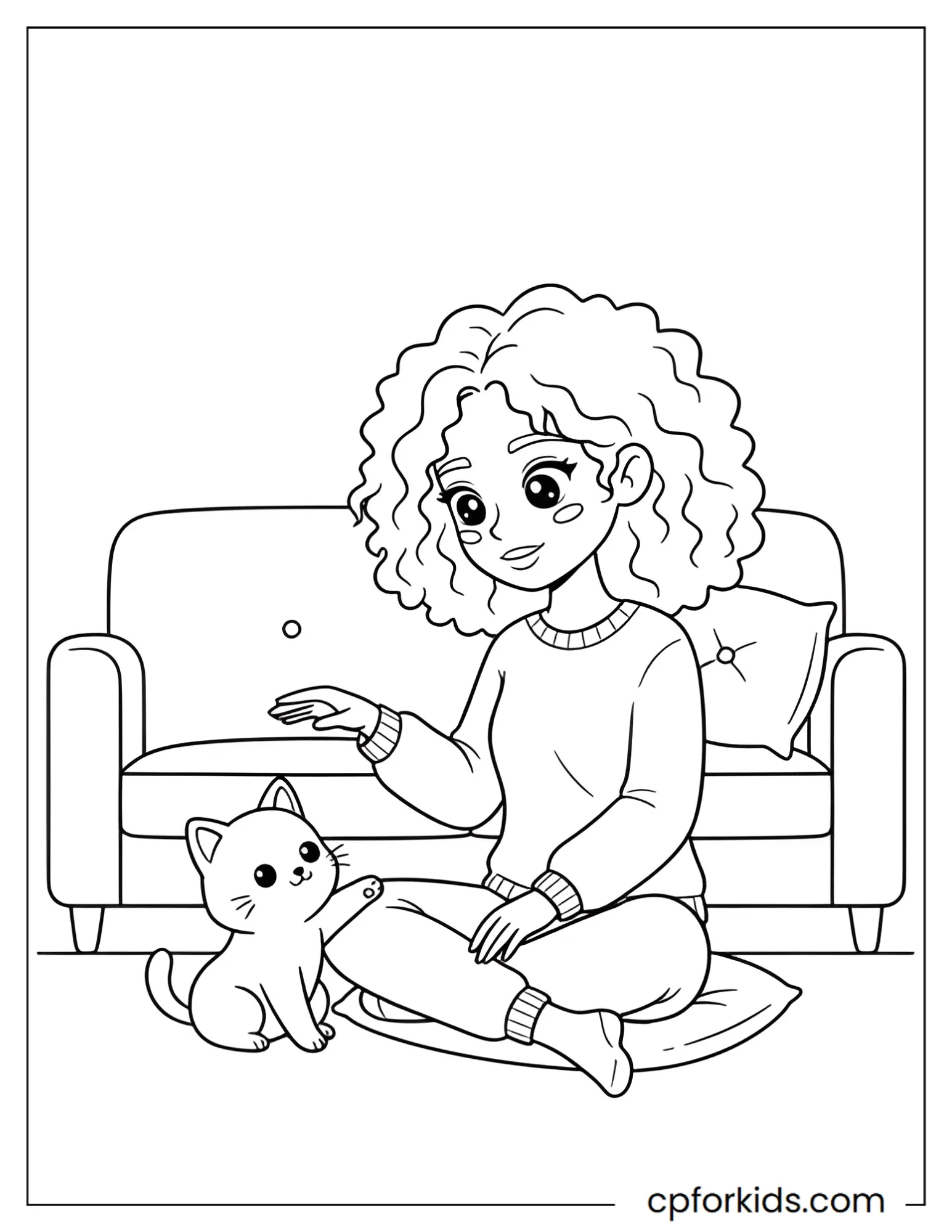 Curly hair girl playing with a cat in a living room