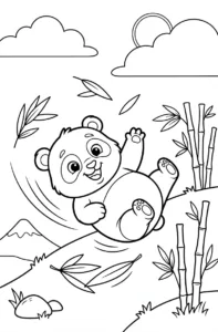 Playful panda rolling down a bamboo hill