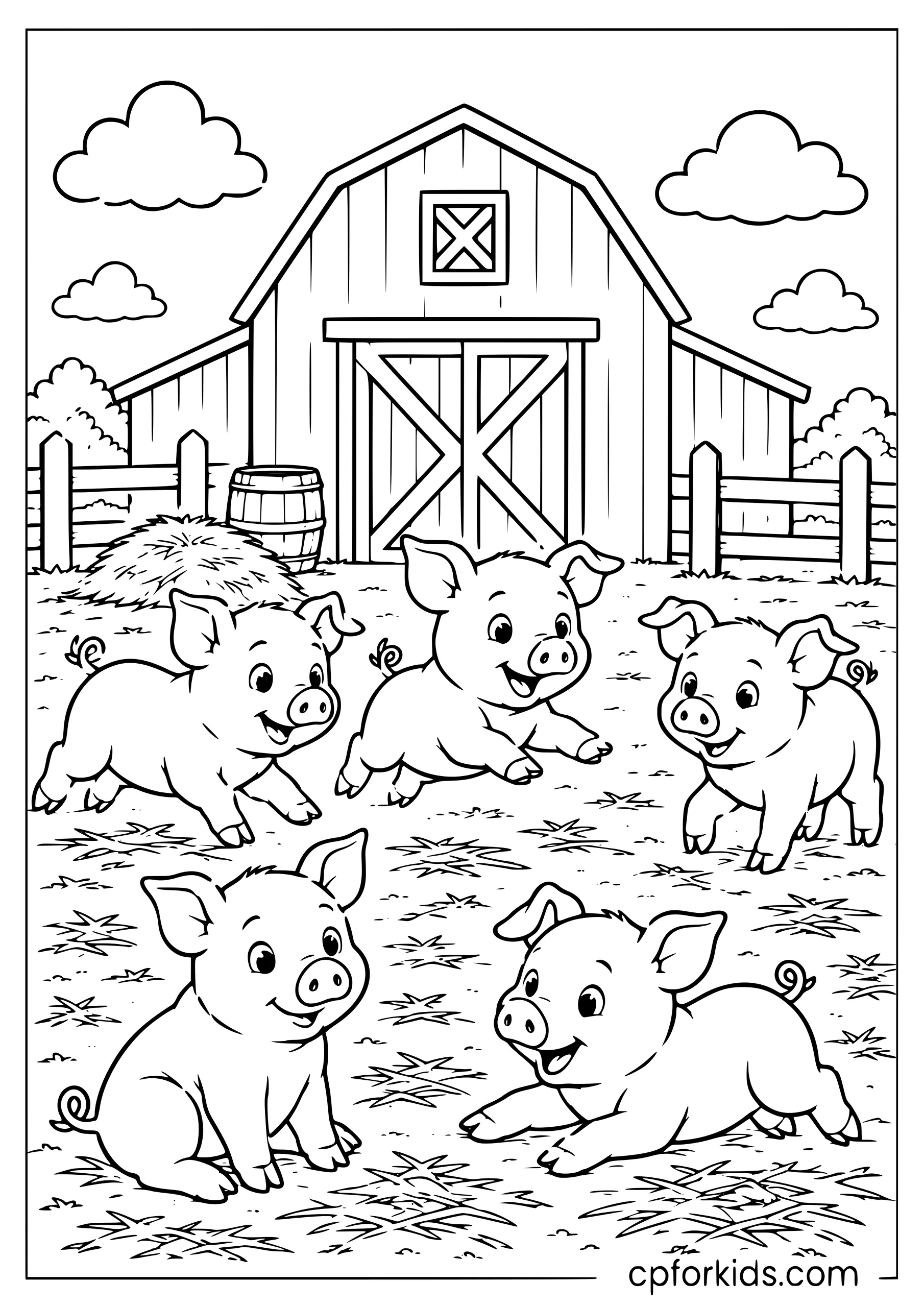 Piglets Play in Front of the Barn