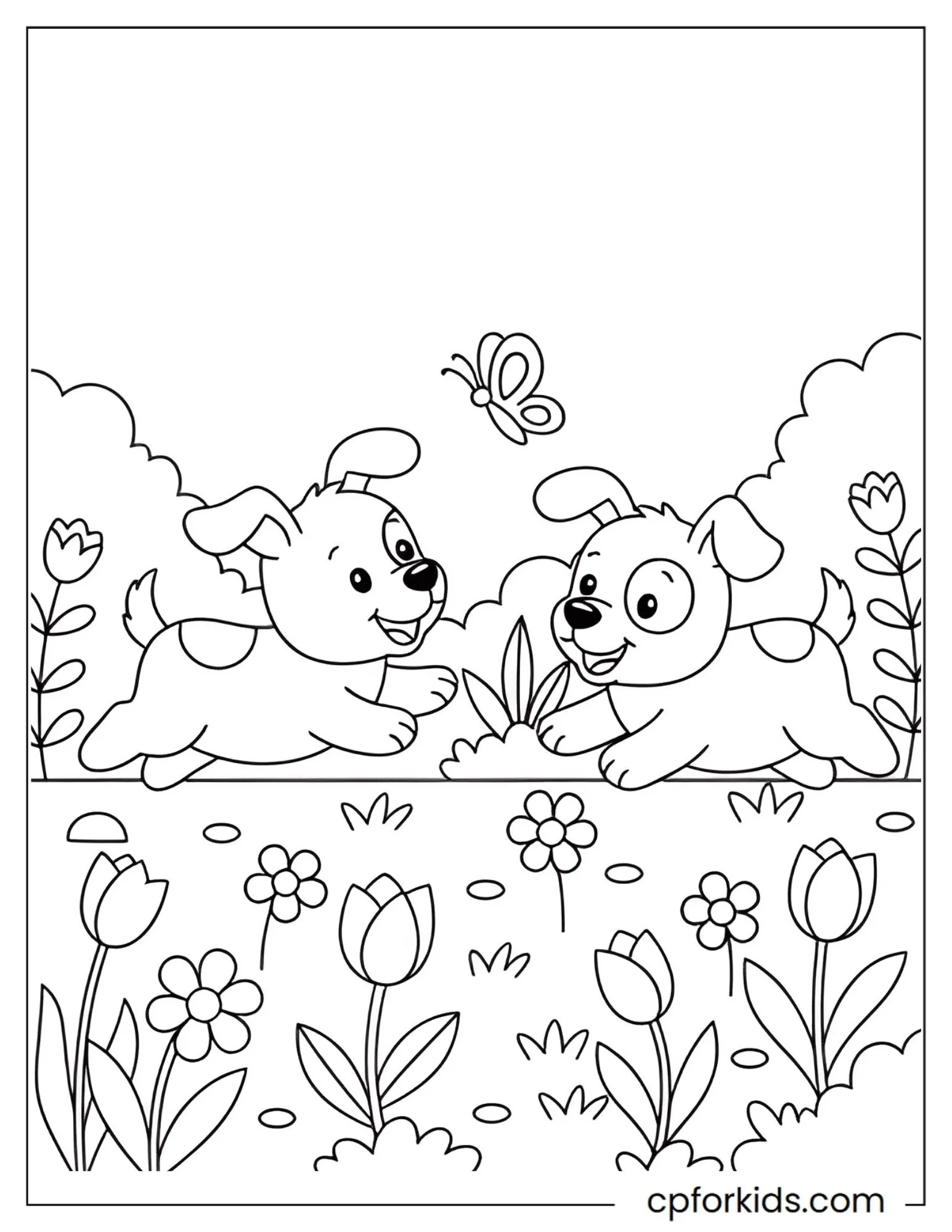 Puppies playing with a butterfly in a garden