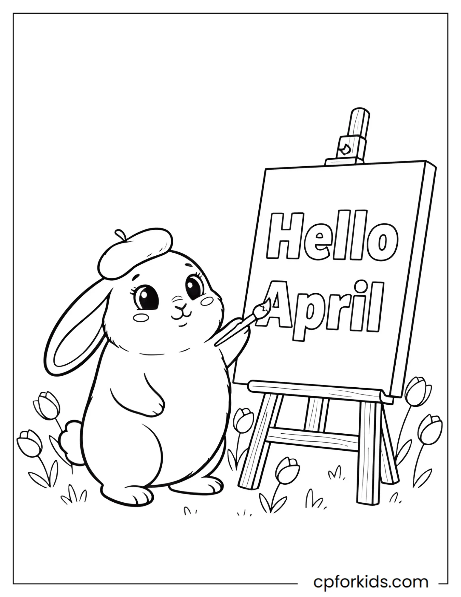 Plump bunny artist painting a "Hello April" sign in a field of tulips