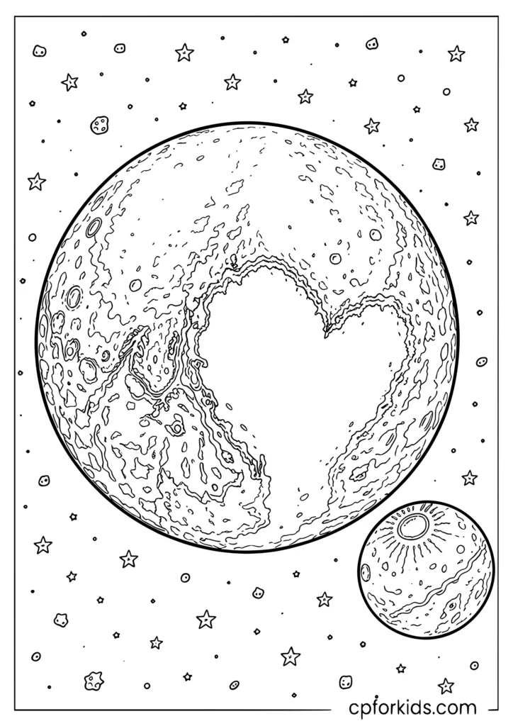 Pluto coloring page showing Pluto with heart shaped Tombaugh Regio surface feature