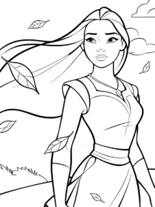 Pocahontas standing as her hair blows in the wind