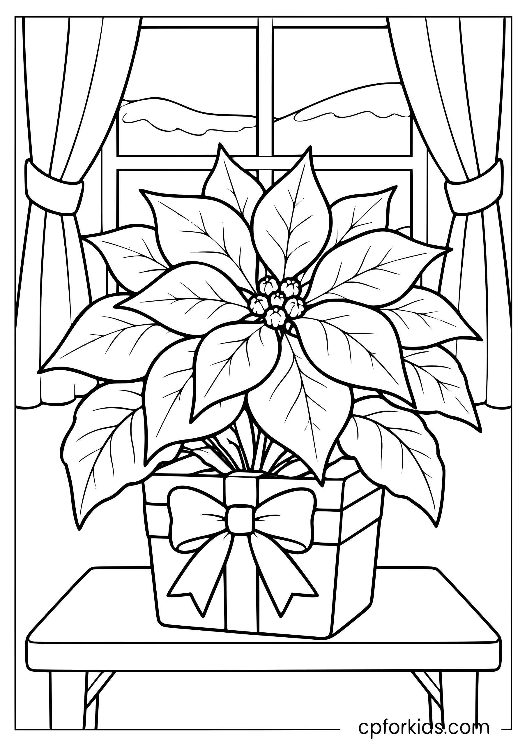 Poinsettia in a ribboned pot beneath a small window