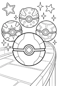 Four large Poké Ball designs arranged on a display platform