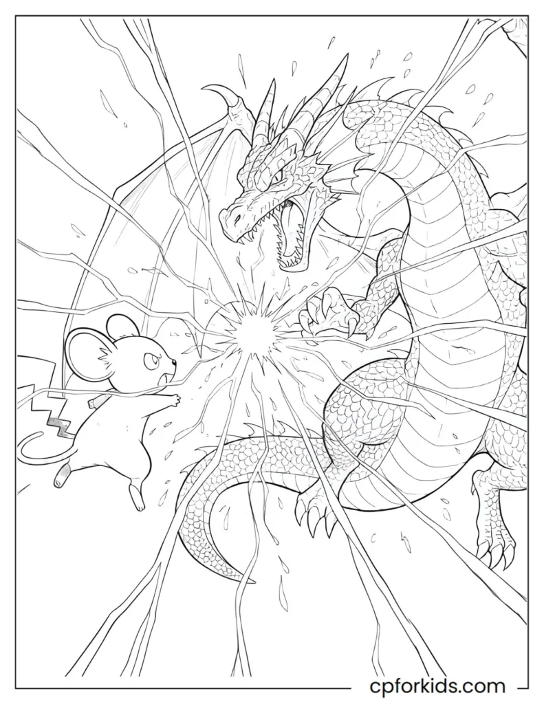Pokemon Battle Scenes Pokemon coloring page showing an epic battle scene between two monsters, black and white line art.
