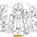 Three Pokémon coloring pages showing Pikachu in a lightning storm, Ash with Charmander, and the ghost-type trio Gastly Haunter and Gengar