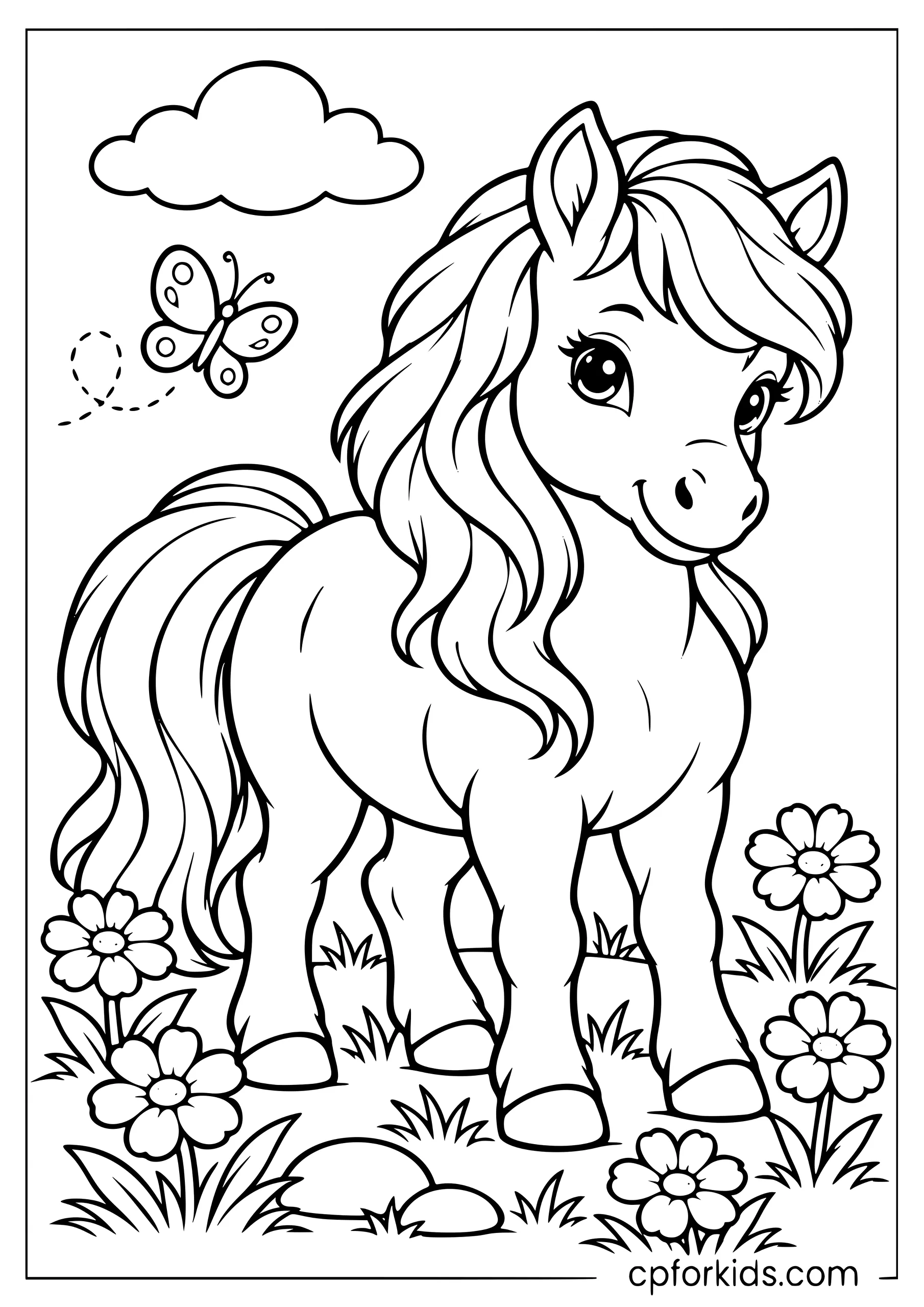 Short-legged pony standing among broad meadow flowers