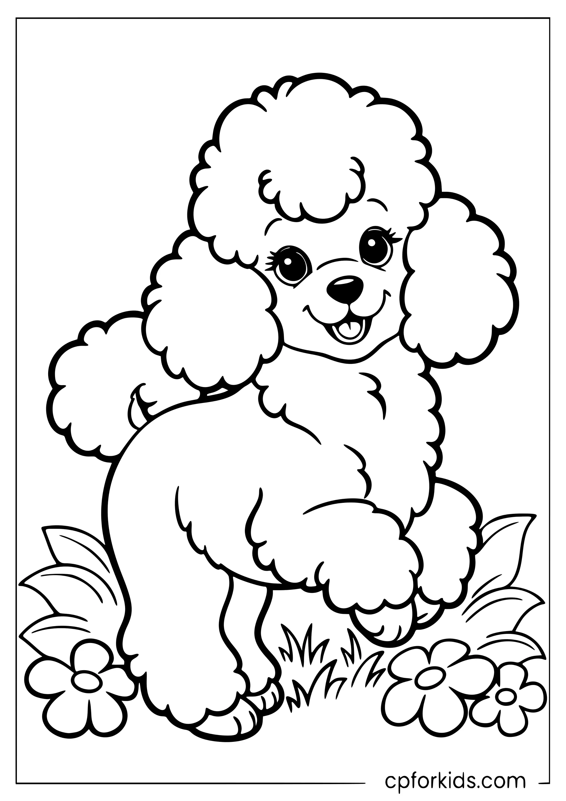 Curly-coated poodle walking through a garden
