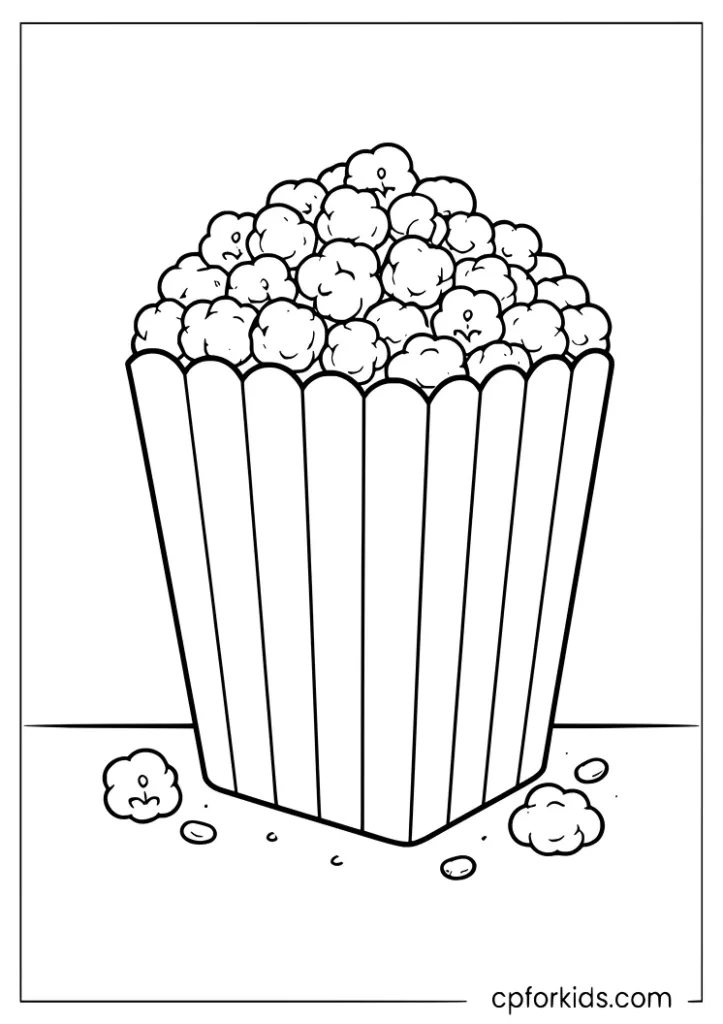 Popcorn junk food coloring page with a box of popcorn for kids