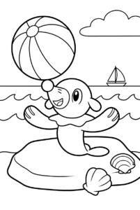 Popplio balancing a beach ball on its nose beside the sea
