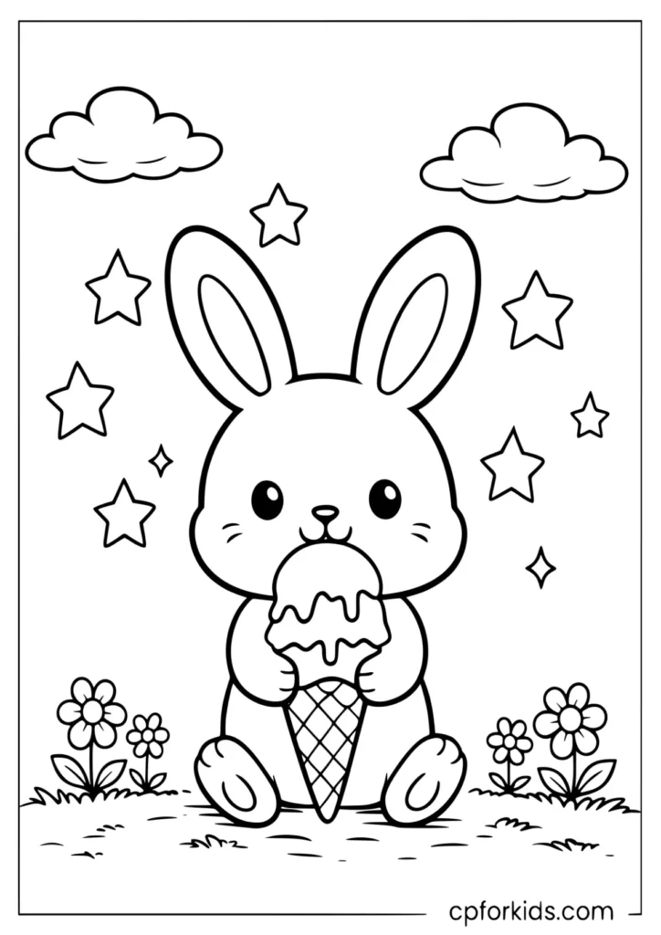 Cute rabbit eating ice cream coloring page