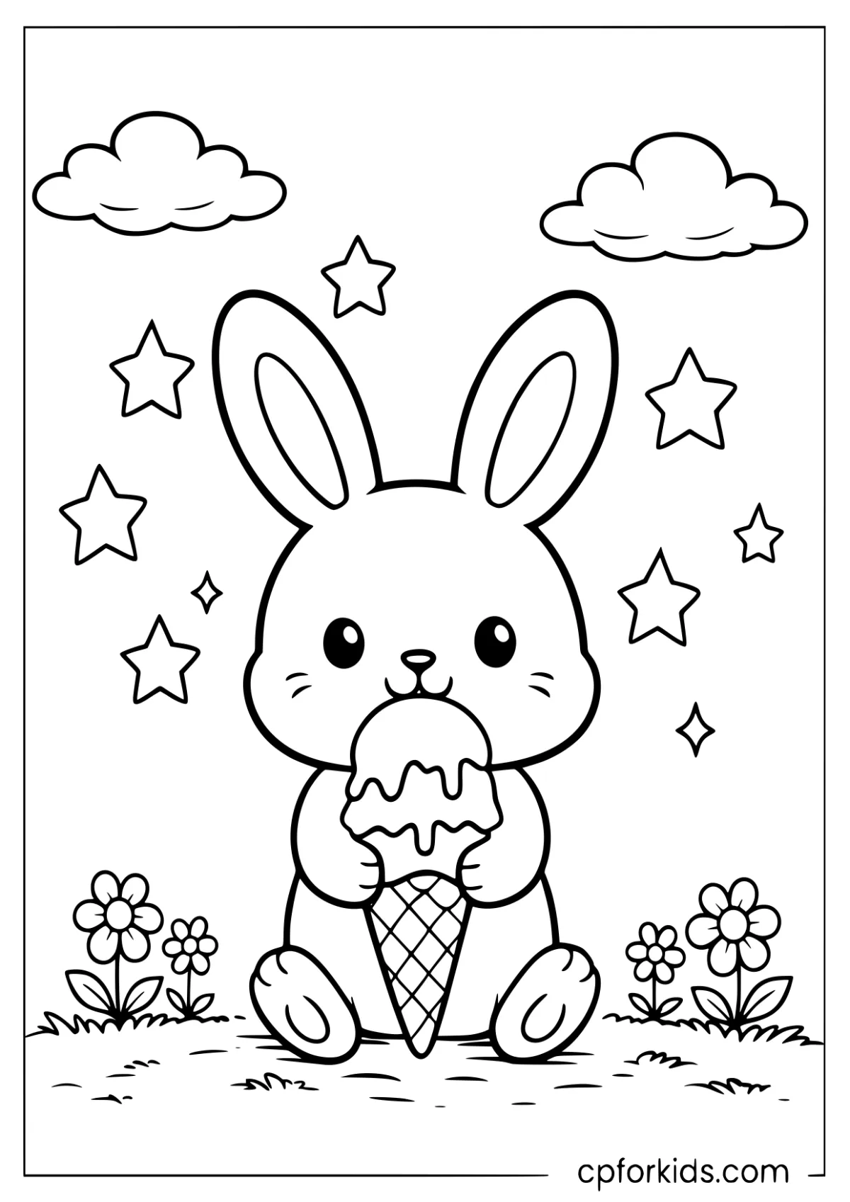 Portrait of a cute rabbit eating ice cream