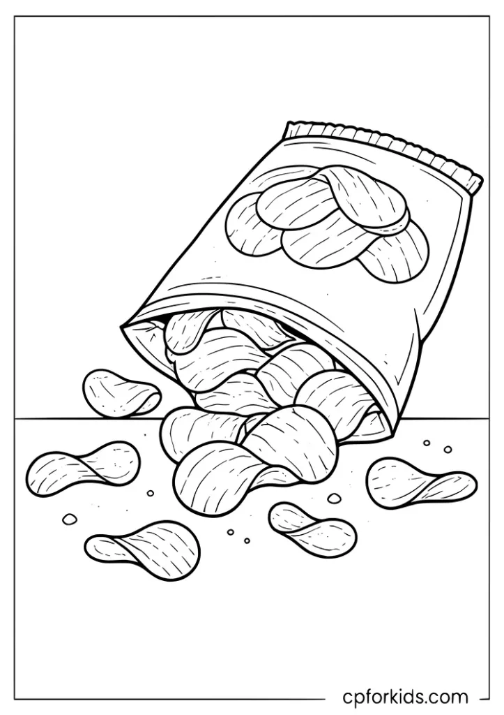 Potato chips junk food coloring page with a bag of chips for kids