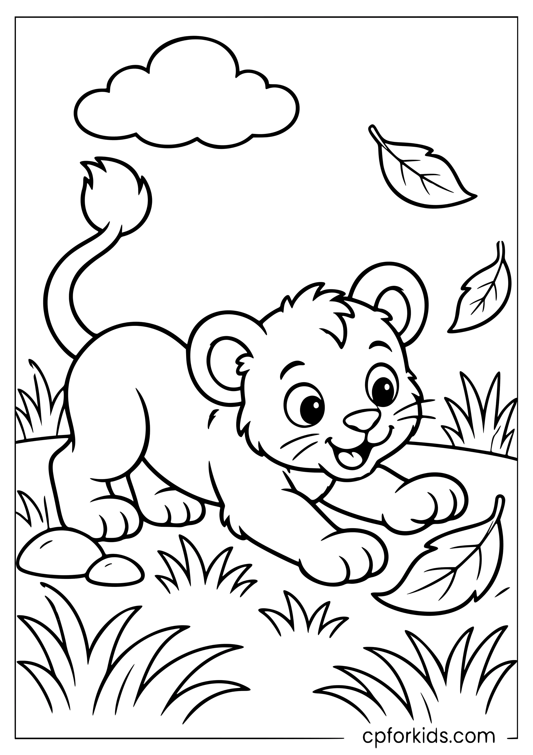 Lion cub pouncing playfully toward a falling leaf