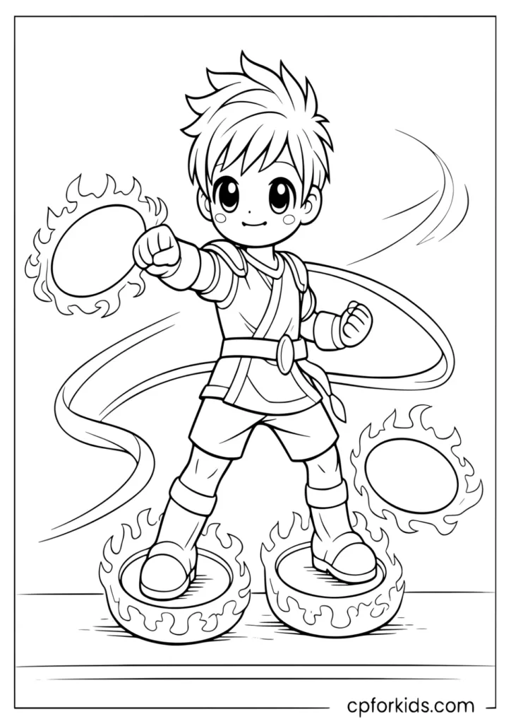 Powerful anime boy with fire rings and flaming wheels coloring page for kids