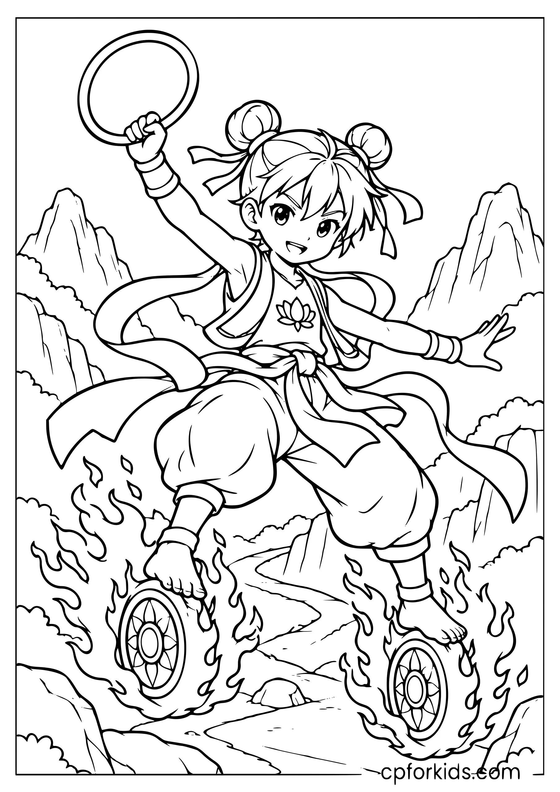 Nezha holding a ring above two flaming wheels