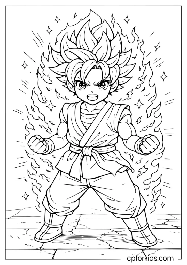 Powerful martial arts hero with spiky hair and energy aura coloring page