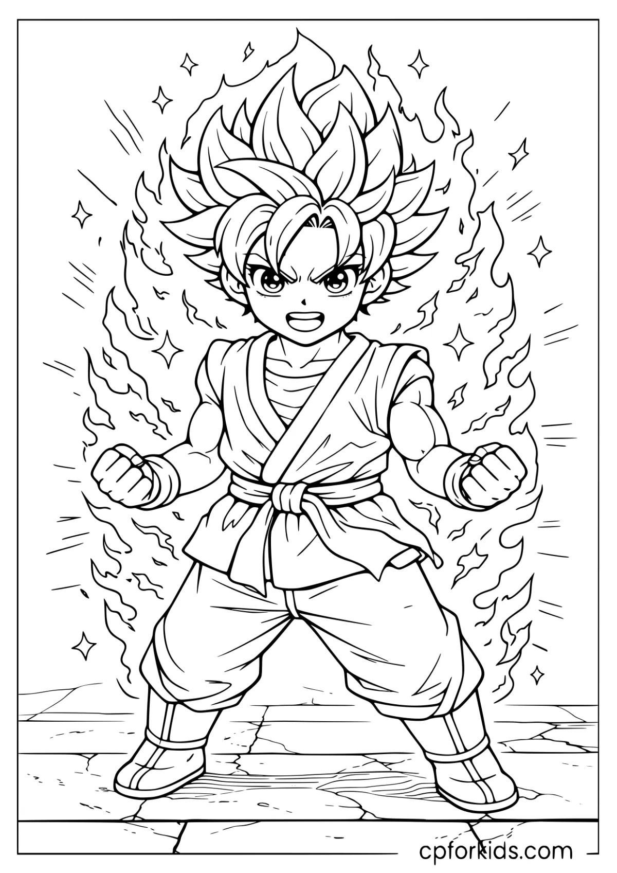 Spiky-haired martial artist standing within a rising energy aura
