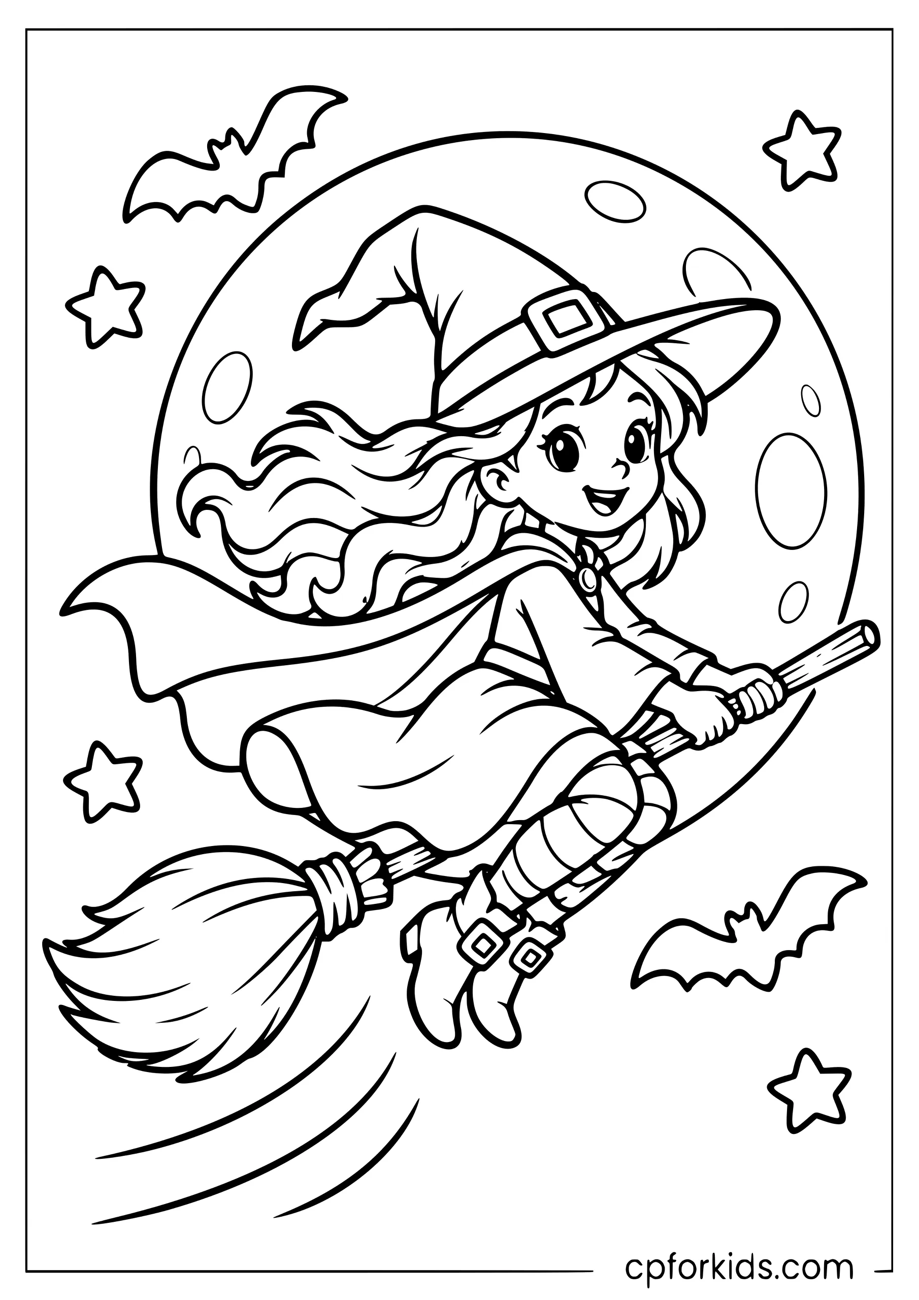Witch flying on a broomstick by the moon