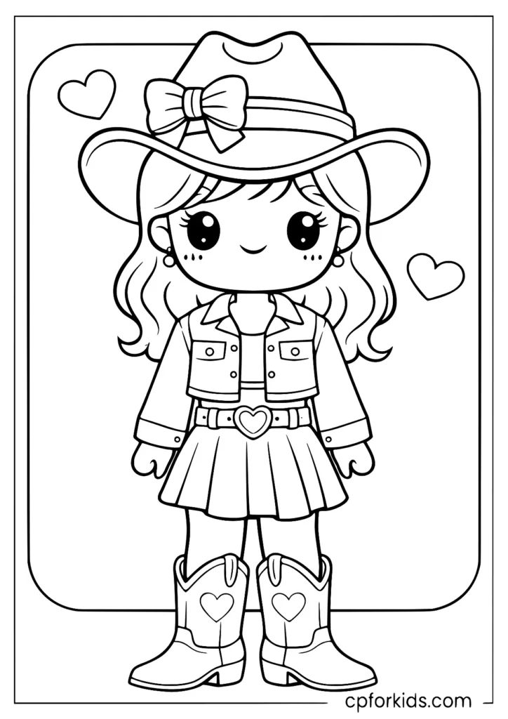 Preppy cowgirl coloring page with boots and bows in bold clean outlines