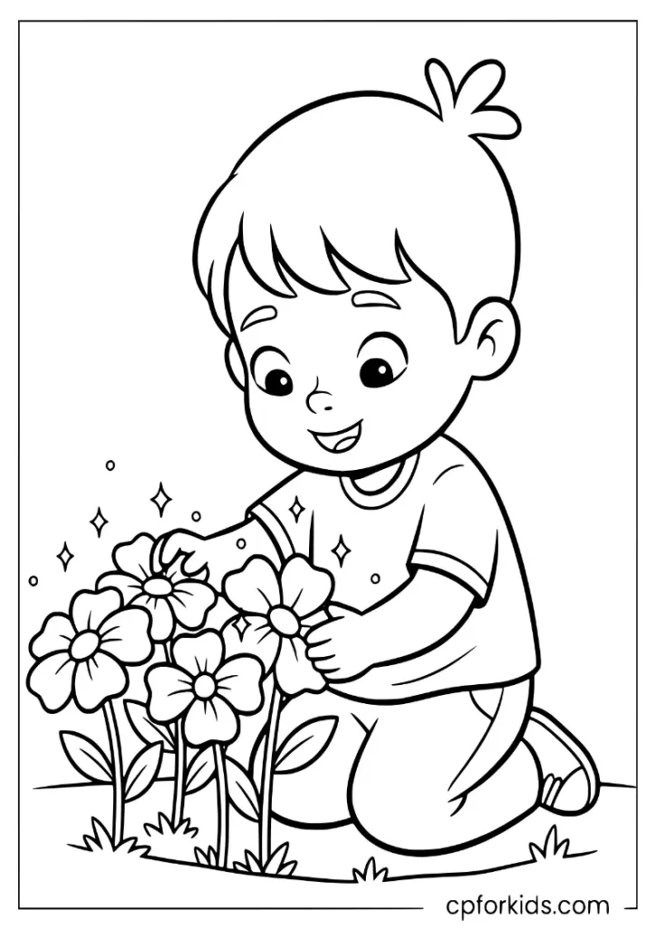 Preschool child arranging small LED-lit flowers in a garden
