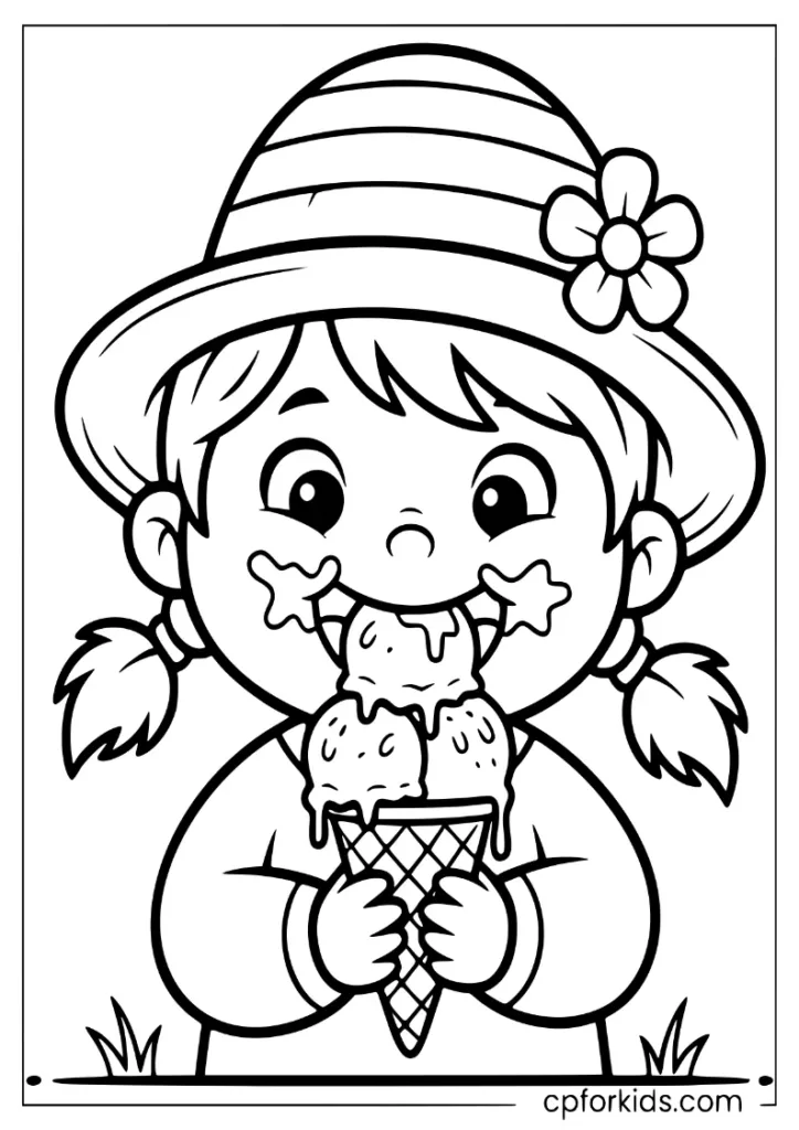 Preschool child with a hat taking a big bite of an ice cream cone
