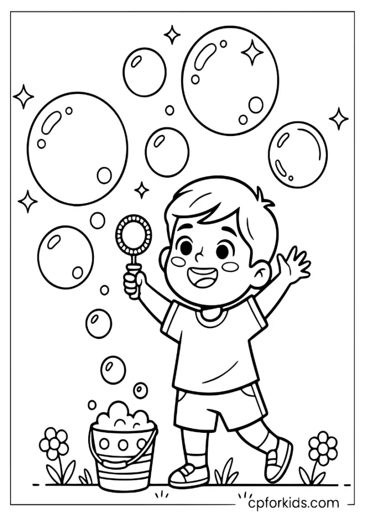 Preschool child blowing giant soap bubbles from a bucket in the garden